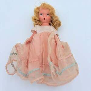 Vintage 1950s Hollywood Doll 7" Hard Plastic Painted Eyes Pink Dress w/ Rickrack